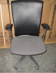 Task Chair, Height Adjustable Arms/ BACK: Leather; SEAT: Dk blue and white patterned upholstery; BASE: Aluminum; CASTERS: Clear