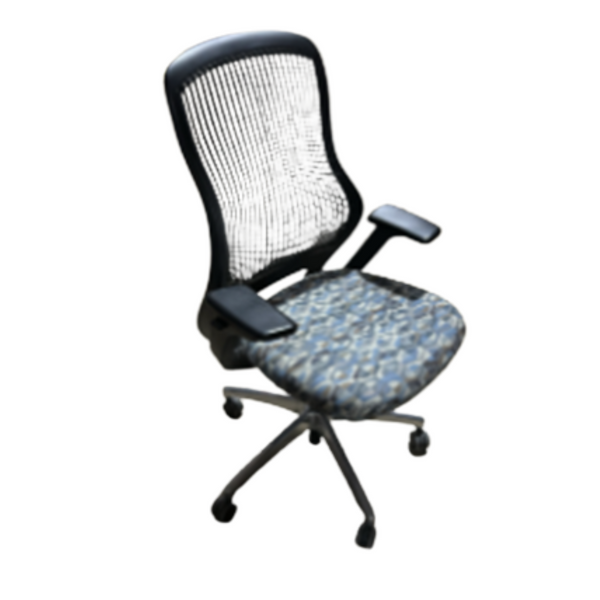 Office chair with mesh back and patterned seat on a white background