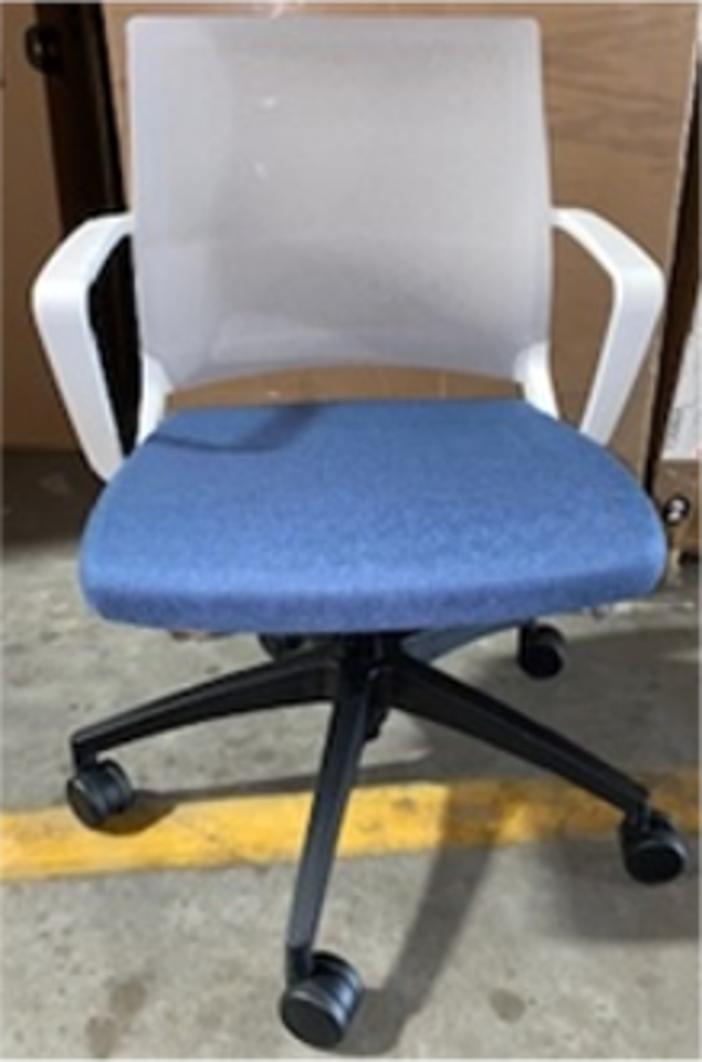 Light Task Chair, Fixed Arms, Upholstered Seat, White Shell, Black Nylon Base, Mesh Back, Fog Mesh