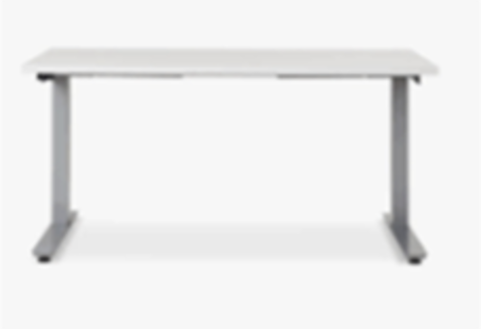 58"W x 29"D K Stand Height Adjustable Table with desktop power module, wire basket and power strip; FINISH: White Ash , BASE: Grey
