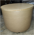 Ottoman, cylinder, leather with wood top / 24"D x 19.5"H