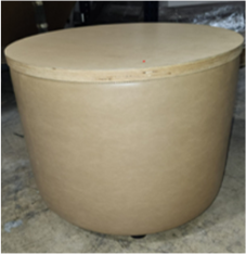 Ottoman, cylinder, leather with wood top / 24"D x 19.5"H